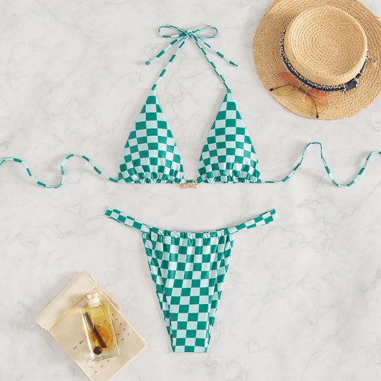 Damen Triangel-Bikini mit modernem Karodesign und verstellbaren Bändern EB