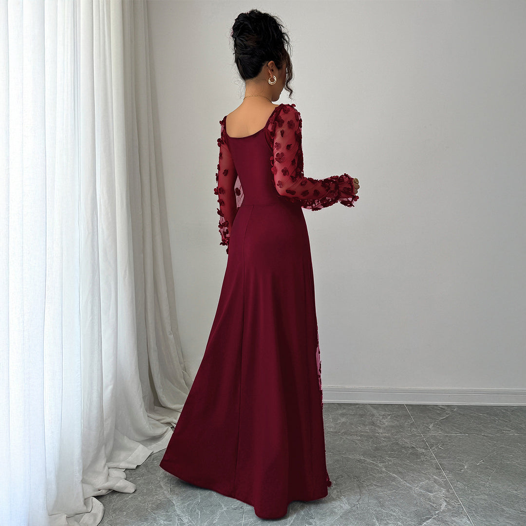 Damen Elegantes Maxikleid mit raffinierten Rüschendetails und transparenter Unterlage EB