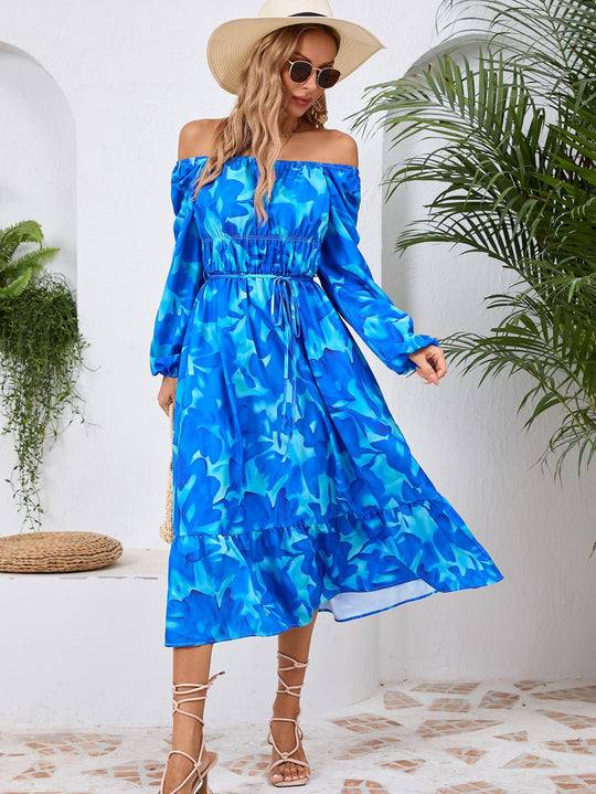 Damen Maxikleid mit floralem Design und elastischem Taillengürtel EB