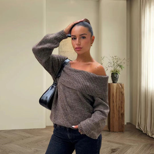 Damen Oversized Strickpullover mit schulterfreiem Design EB