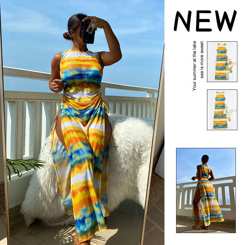 Damen Maxikleid mit modischem Wickeldesign und lebhaftem Tie-Dye-Muster EB