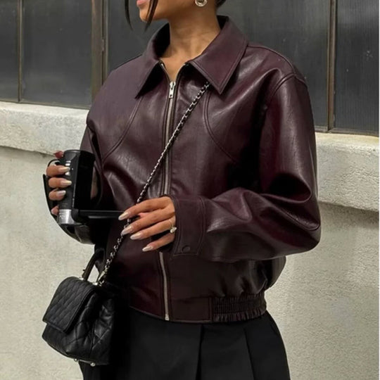 Damen Kunstlederjacke mit elastischem Bund und sportlichem Schnitt EB