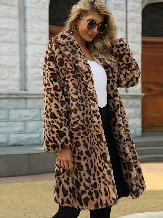 Damen Eleganter Leopardenmuster Mantel aus Kunstfell EB