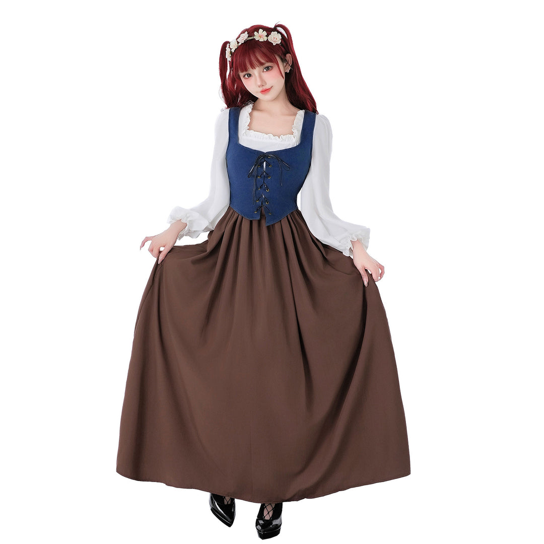 Damen nan mittelalterliches Dirndlkleid mit Schnürmieder, weiten Rüschenärmeln und bodenlangem Rock EB
