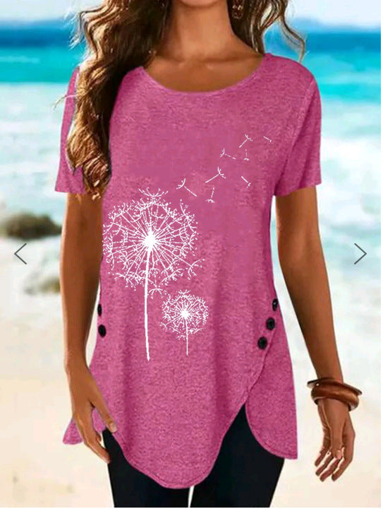Damen Kurzarmshirt mit asymmetrischem Saum und Dandelion-Print EB