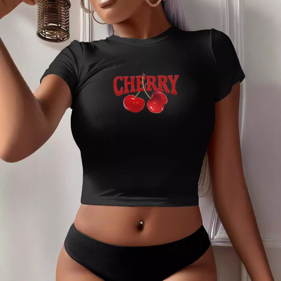 Damen Crop-T-Shirt mit kreativem Cocktail-Design EB