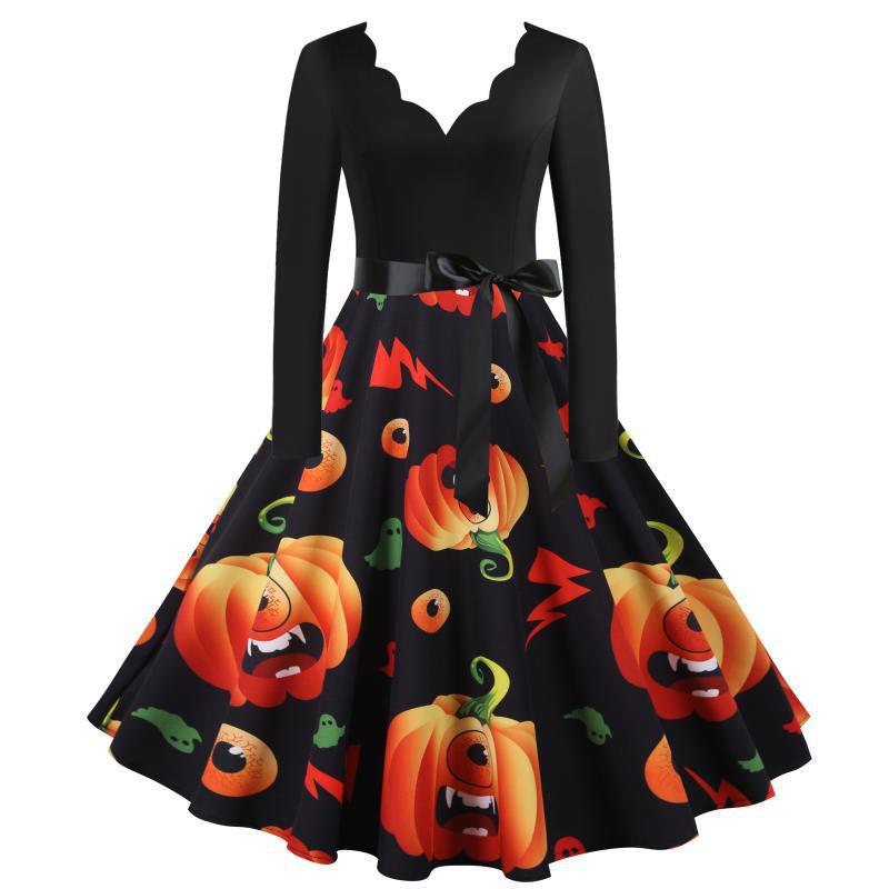 Damen Vintage Swing Kleid mit Halloween-Kürbis-Print und Taillengürtel EB