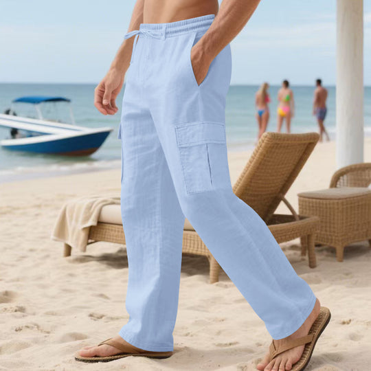 Herren nan lockere Cargo-Strandhose aus Leinenmix mit elastischem Bund und verstellbarem Kordelzug EB