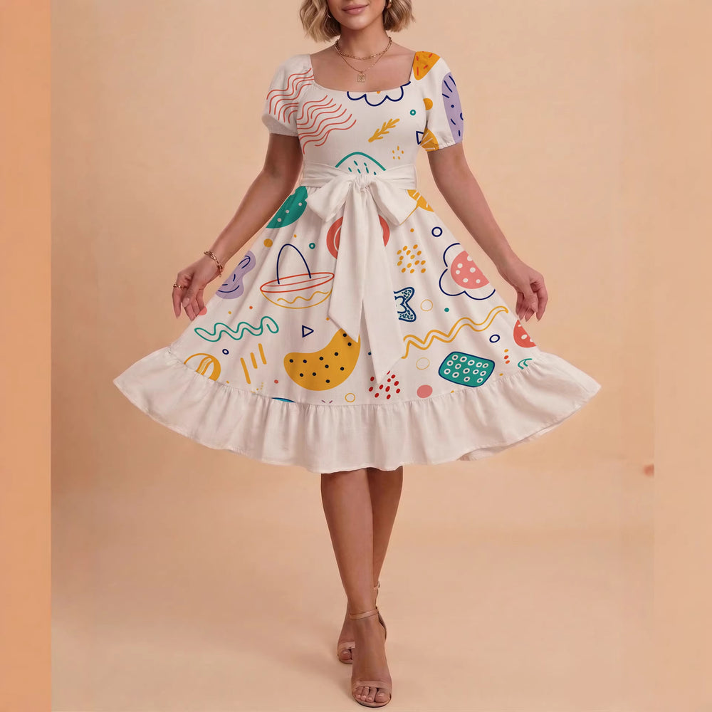 Damen Sommerkleid mit floralem Puffärmel und taillierbarem Gürtel EB