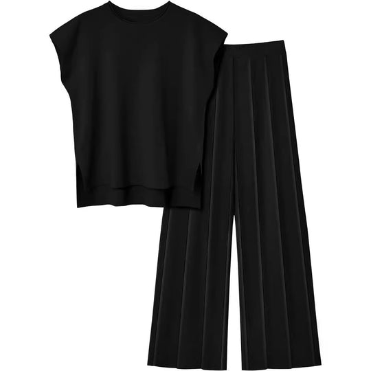 Damen elegantes Set mit kurzärmligem Oberteil und plissierter Hose EB