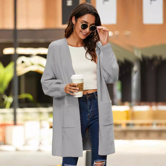 Damen Grobstrick-Kimono-Cardigan mit offenen Ärmeln und praktischen Taschen EB