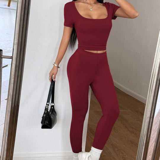 Damen Figurbetontes Sport-Set mit kurzärmligem Oberteil und hochgeschnittener Leggings EB