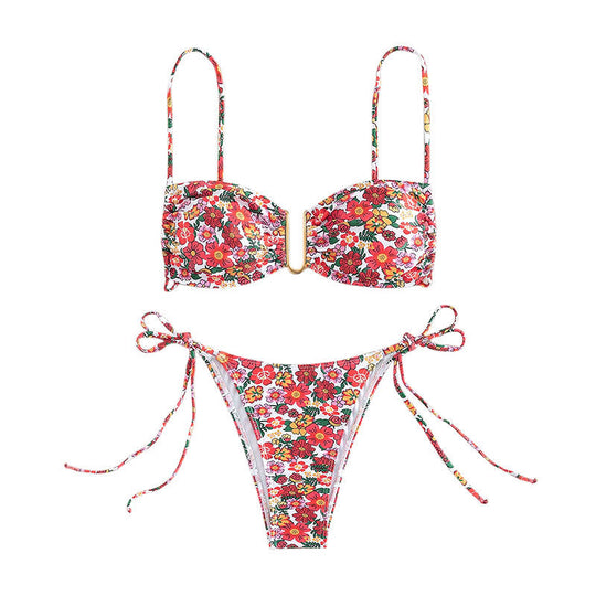 Damen blumenmusterter Bikini mit hellem Bustier-Oberteil und verstellbaren Trägern EB