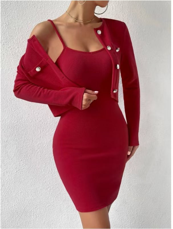 Damen elegantes Jumpsuit-Set mit taillierter Jacke und schimmernden Knöpfen EB