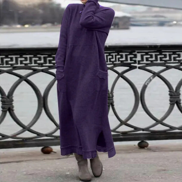 Damen nan langes Strickmaxikleid mit Seitenschlitzen und aufgesetzten Taschen EB