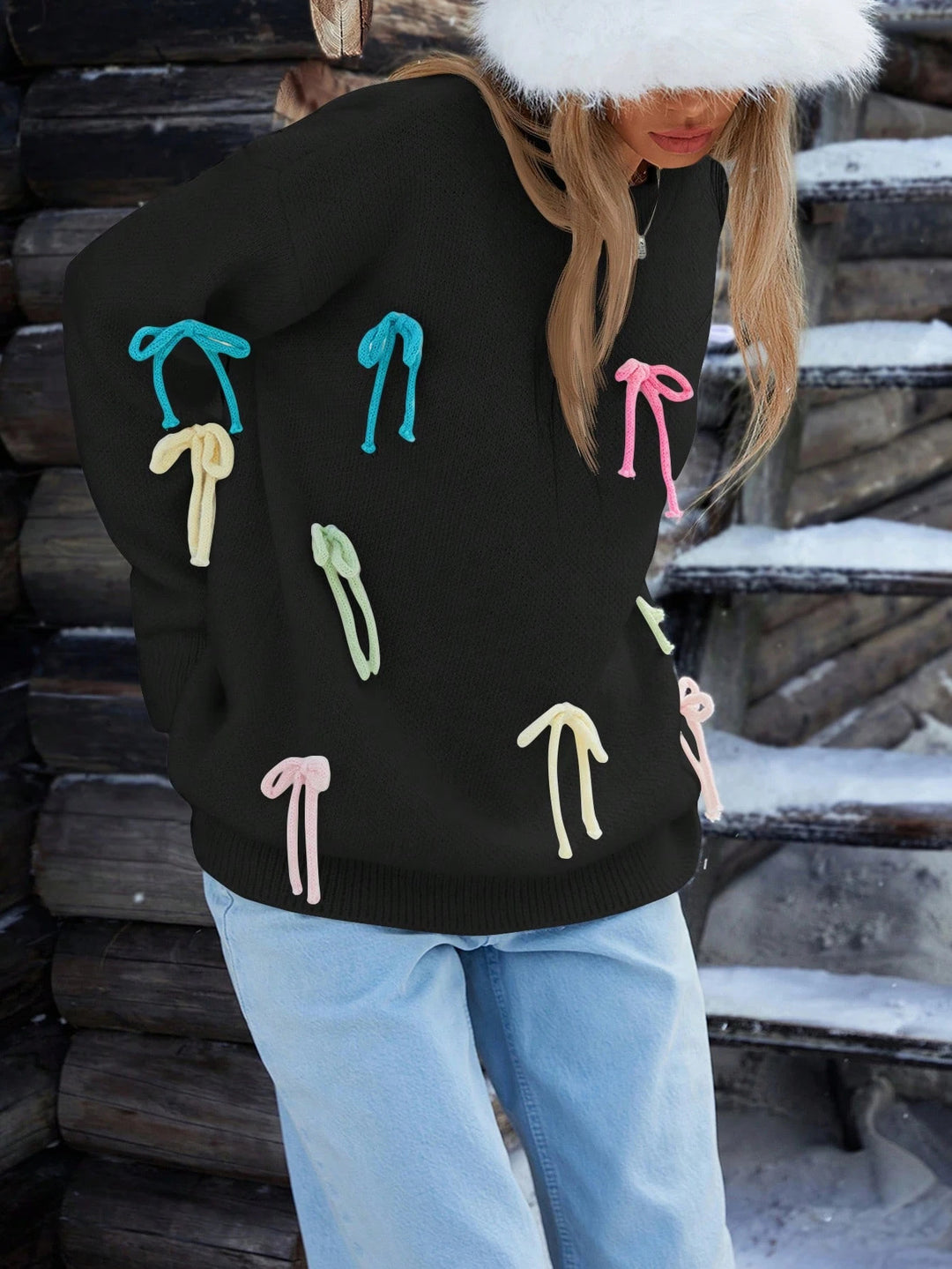 Damen kreative Strickpullover mit bunten Applikationen EB