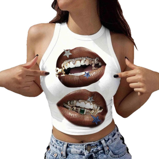 Damen Tanktop mit künstlerischem Lippenmotiv und figurbetontem Schnitt EB