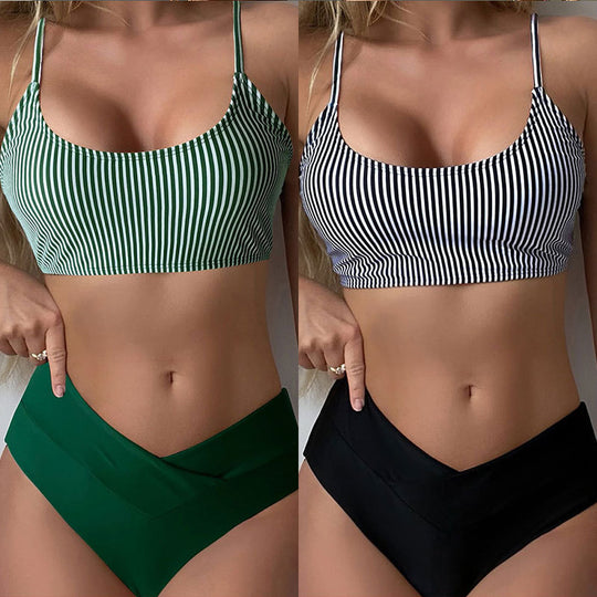 Damen Bikini-Set mit gestreiftem Oberteil und hohem Taillenslip EB