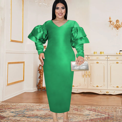 Damen Langarmkleid mit voluminösen Puffärmeln und V-Ausschnitt EB