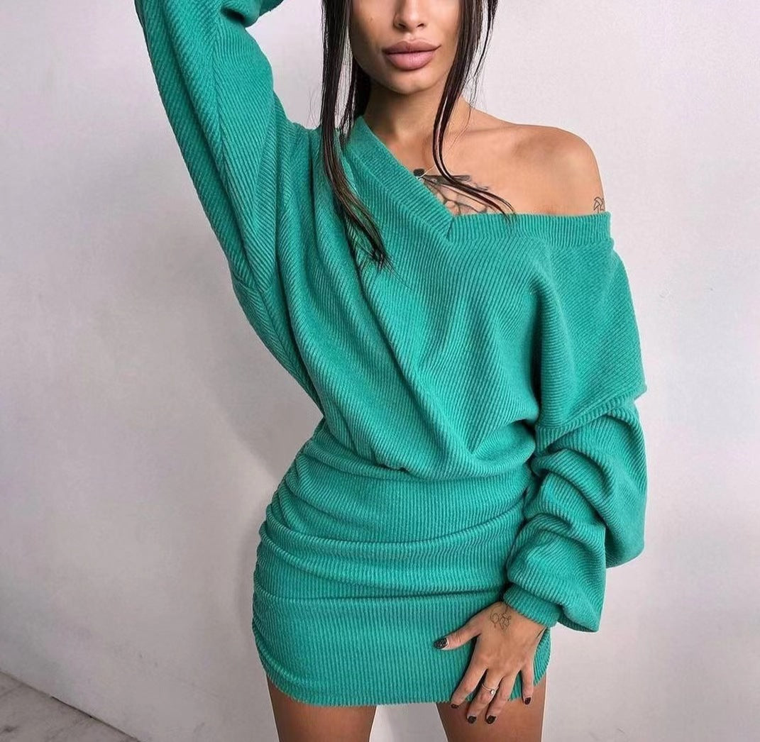 Damen lässiges Mini-Kleid mit asymmetrischem Ausschnitt und Raffung EB