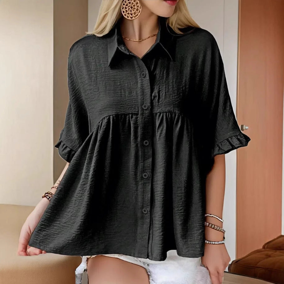 Damen Fließendes Kurzarmblusenshirt mit Rüschendetails EB