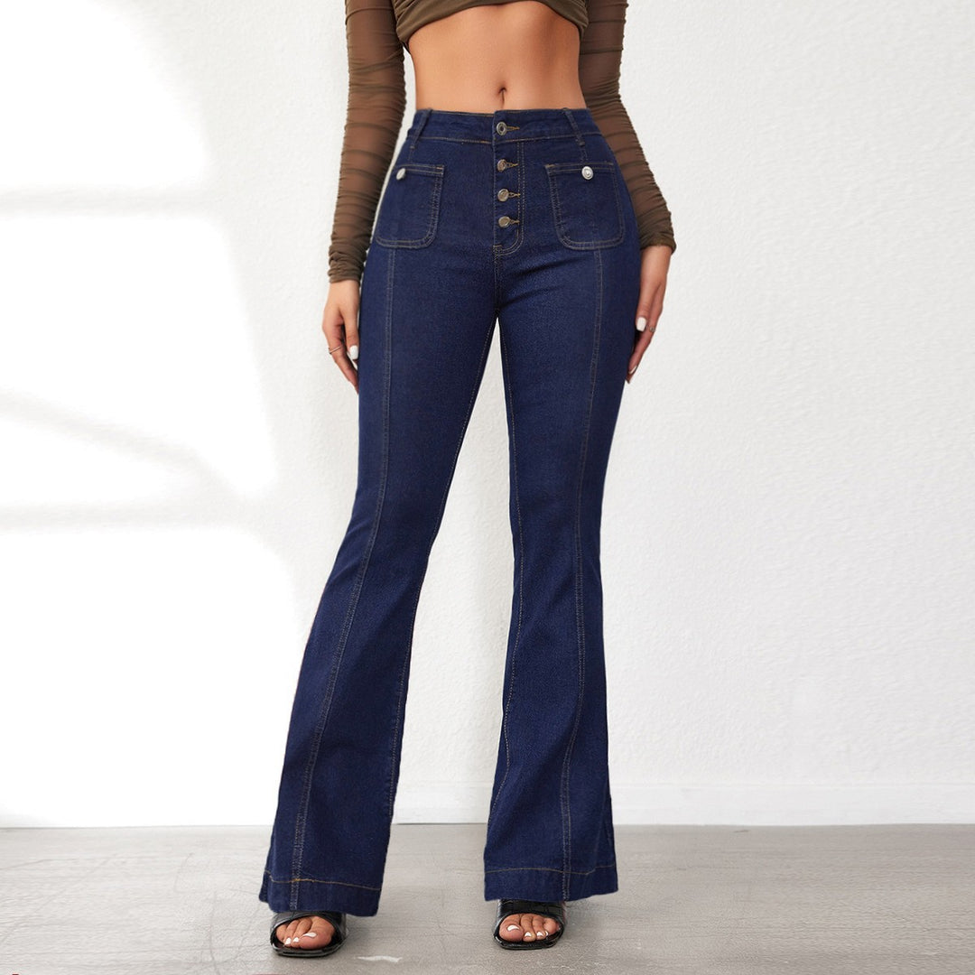 Damen Flared Jeans mit hohem Schnitt und eleganten Knopfdetails EB