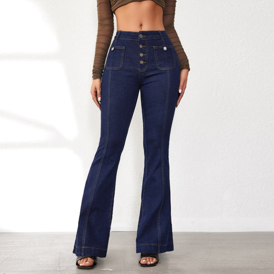 Damen Flared Jeans mit hohem Schnitt und eleganten Knopfdetails EB