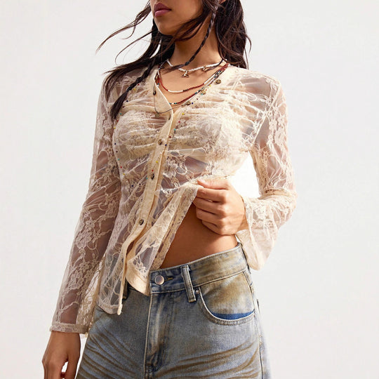Damen nan zarte Spitzen-Cardigan mit taillierter Silhouette und Knopfleiste EB
