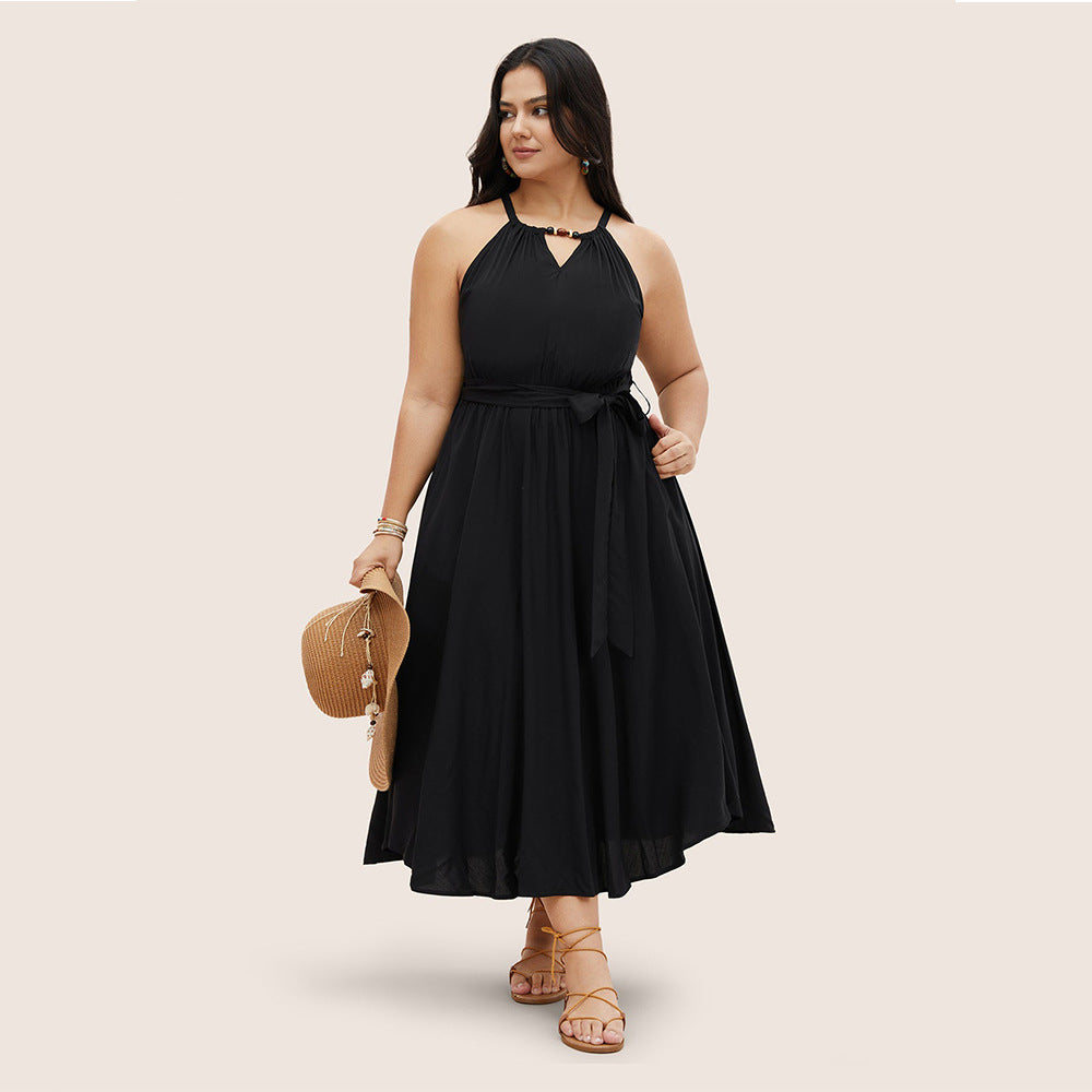 Damen Midikleid mit verstellbarem Träger und elastischem Taillengürtel EB