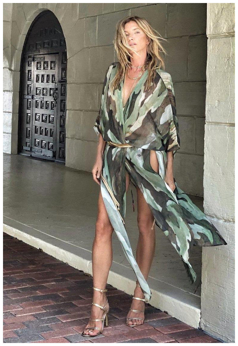 Damen elegantes Kaftan-Kleid mit einzigartigem Camouflage-Design und Taillengürtel EB