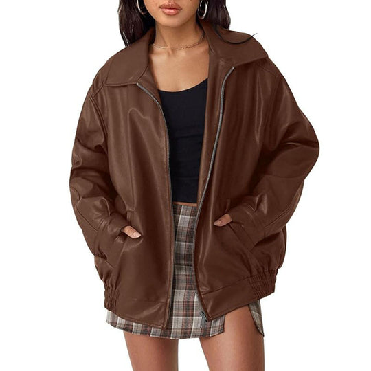 Damen Oversize Kunstleder Blouson mit Reißverschluss und elastischem Saum EB