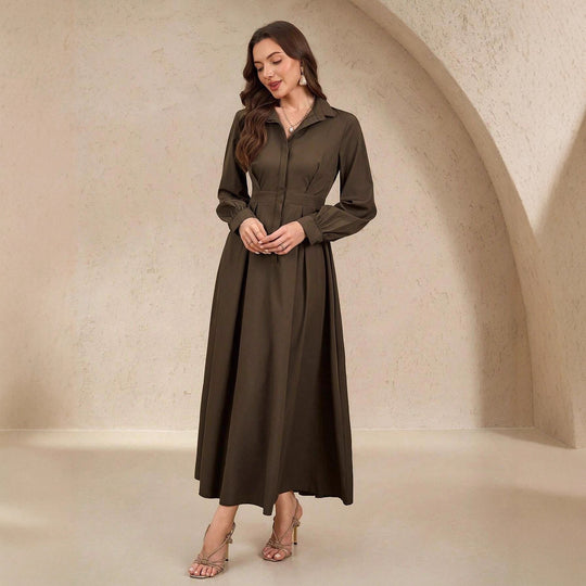 Damen Elegantes Hemdblusenkleid mit schwingendem Rock und praktischen Taschen EB
