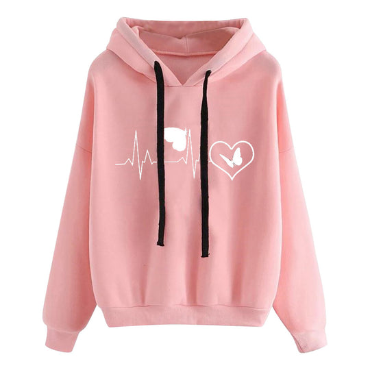 Damen nan leichter Oversize Kapuzenpullover mit Herz‑EKG‑Motiv, langen Kordeln und elastischem Bund EB