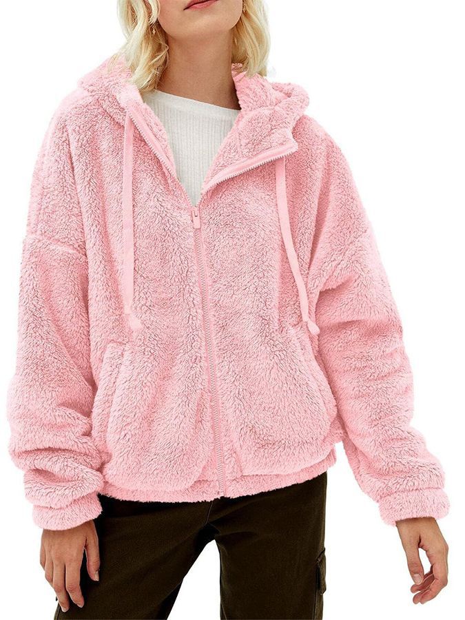 Damen Flauschige Fleecejacke mit Kapuze und Eingrifftaschen EB