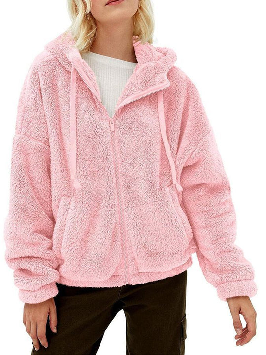 Damen Flauschige Plüschjacke mit Kapuze und Frontreißverschluss EB
