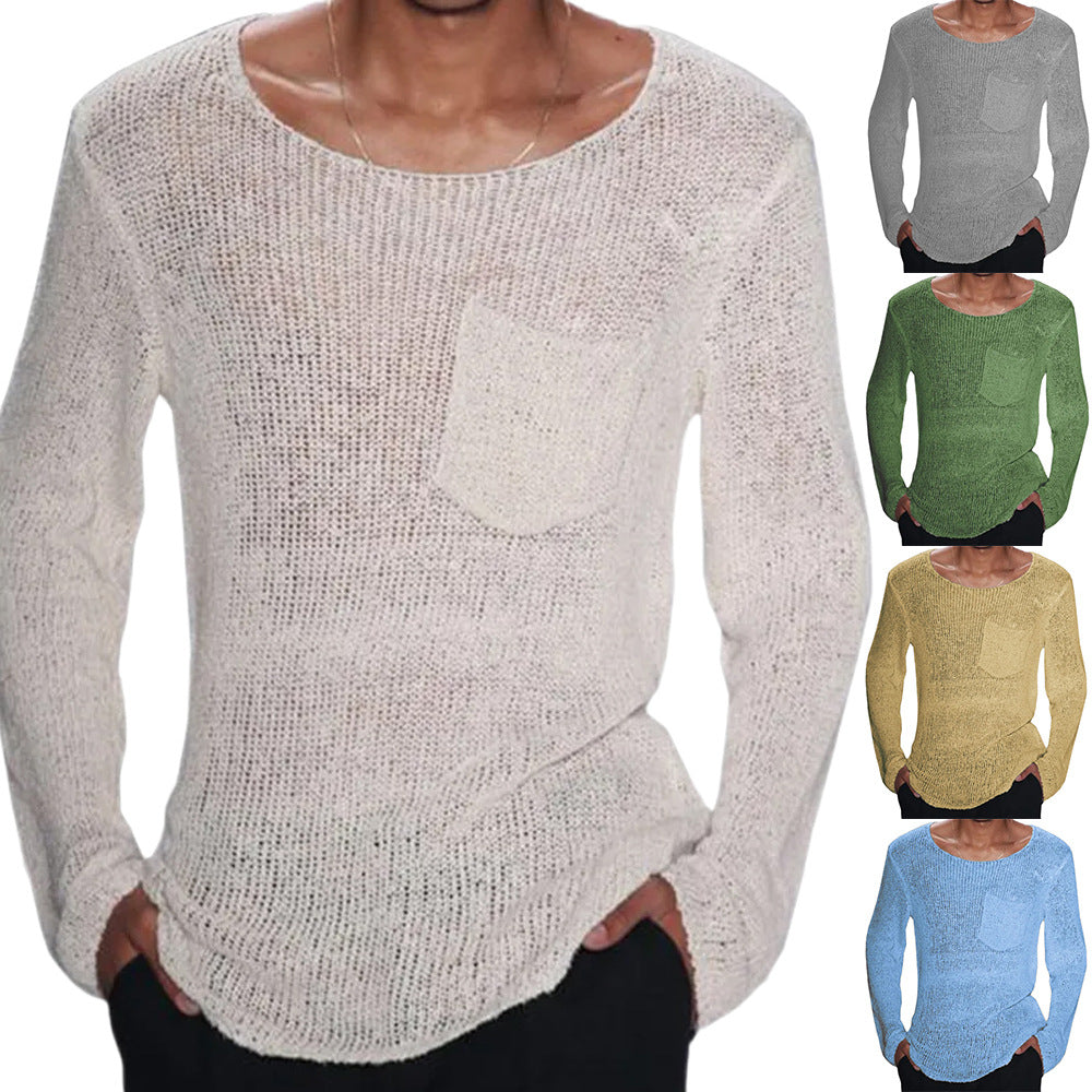 Herren lässiger Pullover mit offener Maschenstruktur und Brusttasche EB