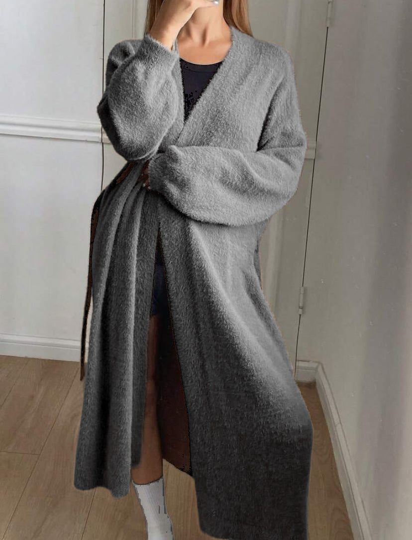 Damen Langer Wickel-Cardigan in Flausch-Optik mit Bindegürtel EB