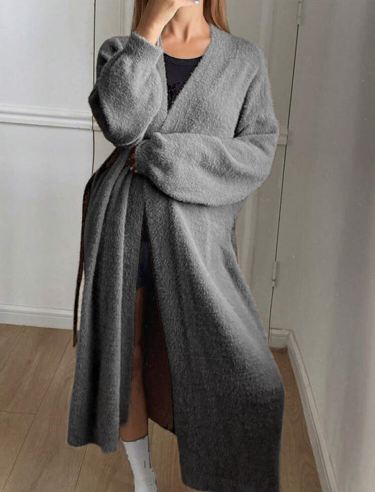 Damen Langer Wickel-Cardigan in Flausch-Optik mit Bindegürtel EB