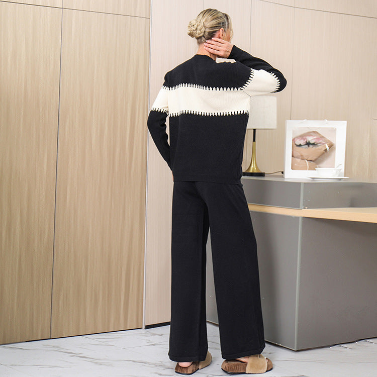 Damen gemütliches Strick-Loungewear-Set mit elegantem Strukturmuster und weitem Bein EB