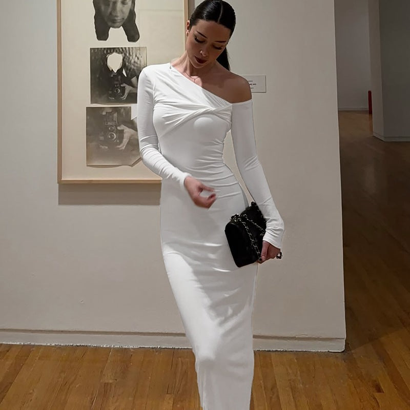 Damen Elegantes langärmliges Kleid mit asymmetrischem Ausschnitt EB