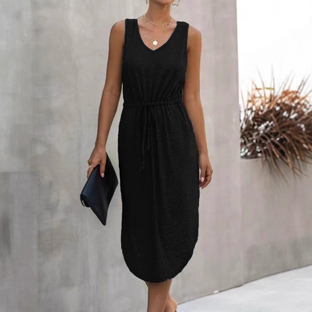 Damen lässiges Maxikleid mit V-Ausschnitt und elastischem Taillenbund EB