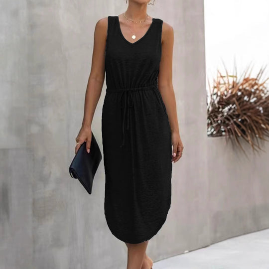 Damen lässiges Maxikleid mit V-Ausschnitt und elastischem Taillenbund EB