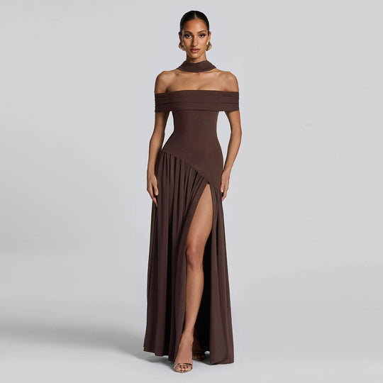 Damen Abendkleid mit schickem Schulterfreies Design und hohem Schlitz EB
