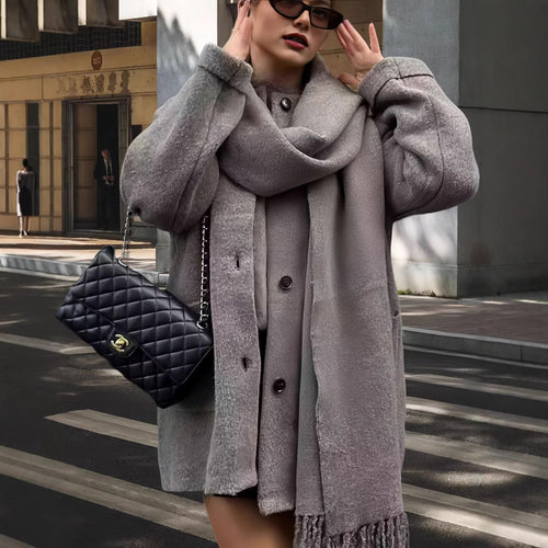 Damen elegante und warme Wickeljacke mit Schalkragen und Fransen EB
