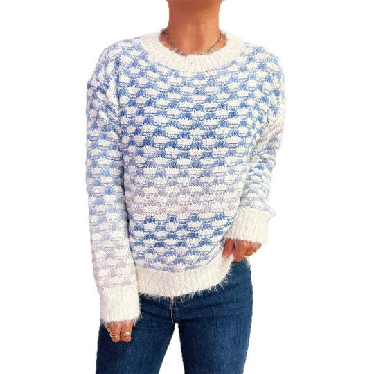 Damen Modischer Strickpullover mit Karo-Muster EB