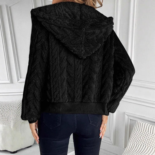 Damen modische Plüschjacke mit Kapuze und gerippten Bündchen EB