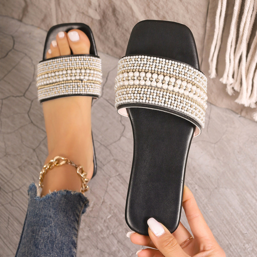 Damen Glamouröse Slides mit eleganter Perlenverzierung EB