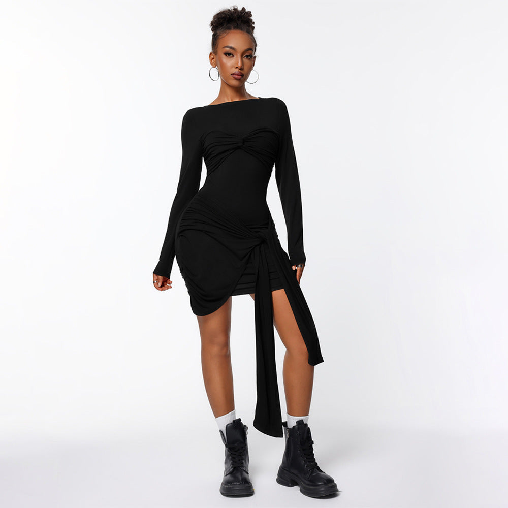 Damen figurbetontes Minikleid mit asymmetrischer Knotendrapierung, taillierter Raffung und langem Ärmelschal Eichborn Berlin