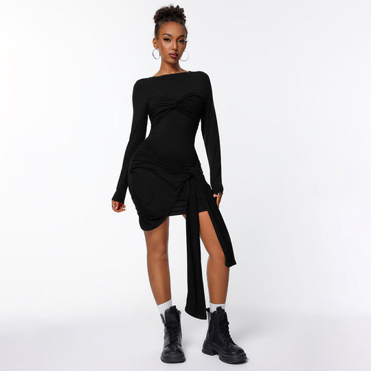 Damen figurbetontes Minikleid mit asymmetrischer Knotendrapierung, taillierter Raffung und langem Ärmelschal Eichborn Berlin