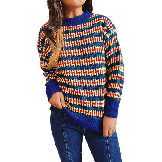 Damen lässiger Strickpullover mit buntem Rautenmuster und Rundhalsausschnitt EB